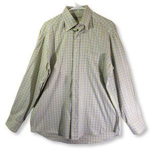 LUCIANO BARBERA Men's Large White, Blue, Purple, Green Plaid Casual Shirt